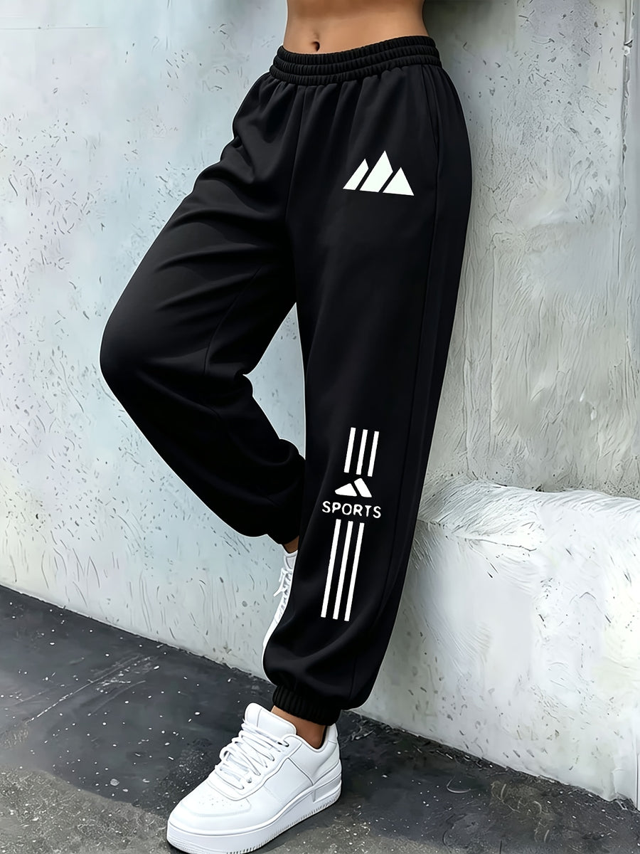 High-Waist Ankle-Cinching Sweatpants, Mountain Peak Print, Vertical Stripes on Both Sides of Legs, Elastic Cuffs Suitable for And Commuting - Black