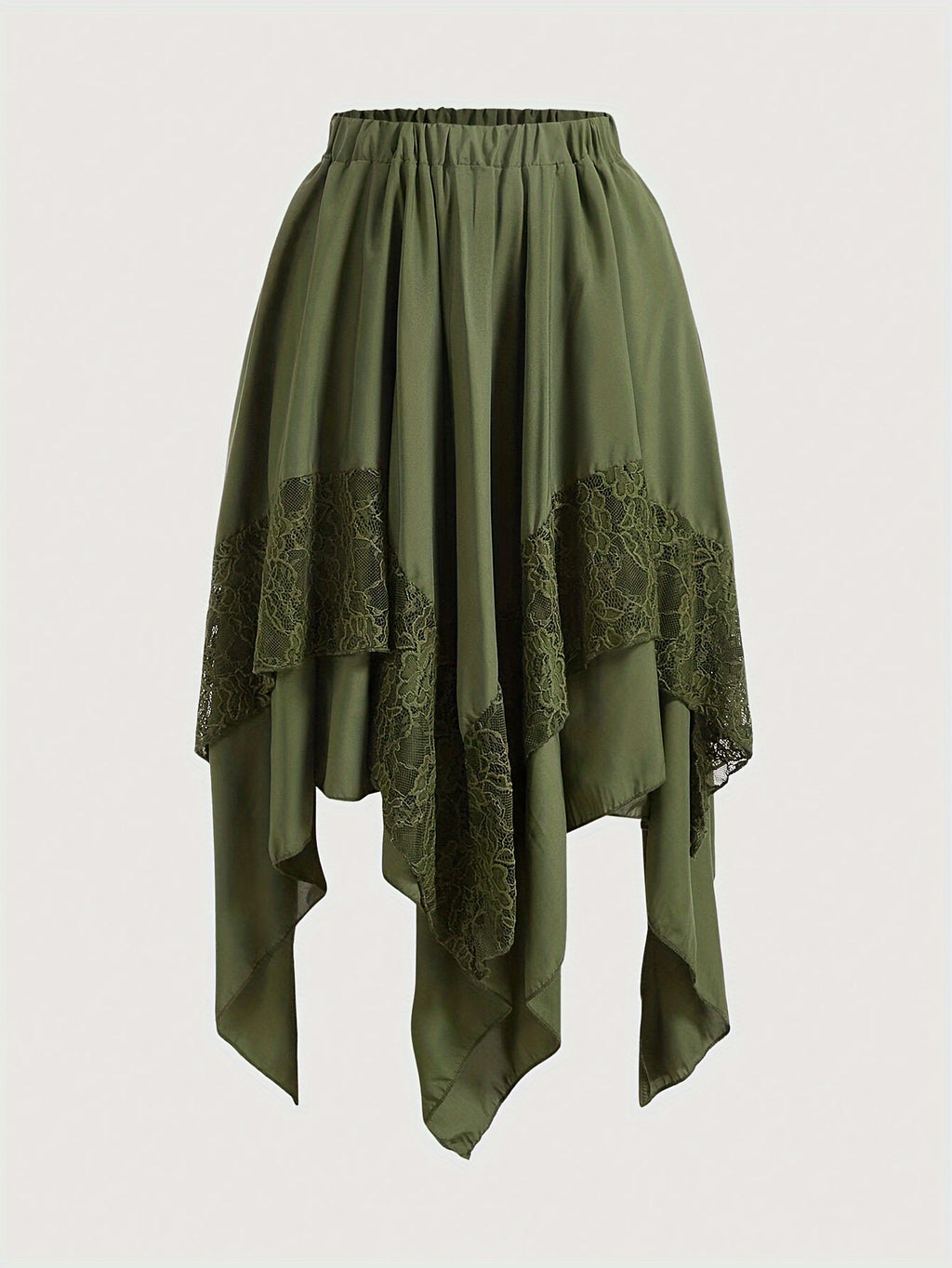 Skirt with Lace Patchwork, Irregular Design, Flared Hem, Women'S Half Skirt - Army Green
