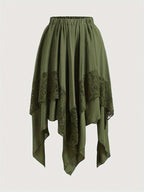 Skirt with Lace Patchwork, Irregular Design, Flared Hem, Women'S Half Skirt - Army Green