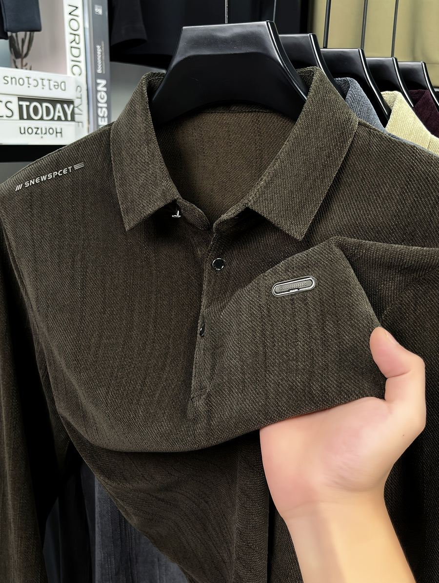 Men's Spring/Autumn Lightweight Knitted Long-Sleeve Polo Shirt with Vertical Stripe Texture, Lapel Collar, Three-Button Placket, Business Casual Versatile Base Layer Top for Middle-Aged Men - Olive Green