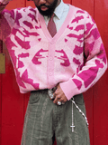ANDREILEE Men's Sweater, American Vintage Style Fashion Trend, Casual Streetwear Style, Interwoven Color Pattern, Button-Up Cardigan, V-Neck, Long Sleeve, Loose Ribbed Knit Top Outerwear for Autumn/Winter - Pink Color
