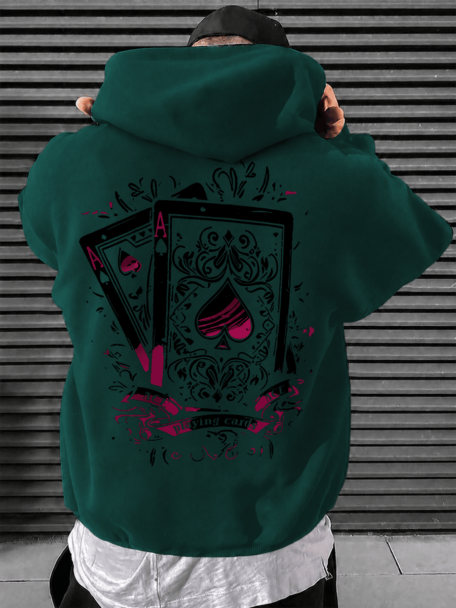 Men's Hooded Sweatshirt with Playing Card Print, Street Style Loose Fit Long Sleeve Pullover, Casual Sportswear Top - Dark Green