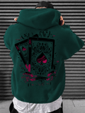 Men's Hooded Sweatshirt with Playing Card Print, Street Style Loose Fit Long Sleeve Pullover, Casual Sportswear Top - Dark Green