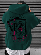Men's Hooded Sweatshirt with Playing Card Print, Street Style Loose Fit Long Sleeve Pullover, Casual Sportswear Top - Dark Green