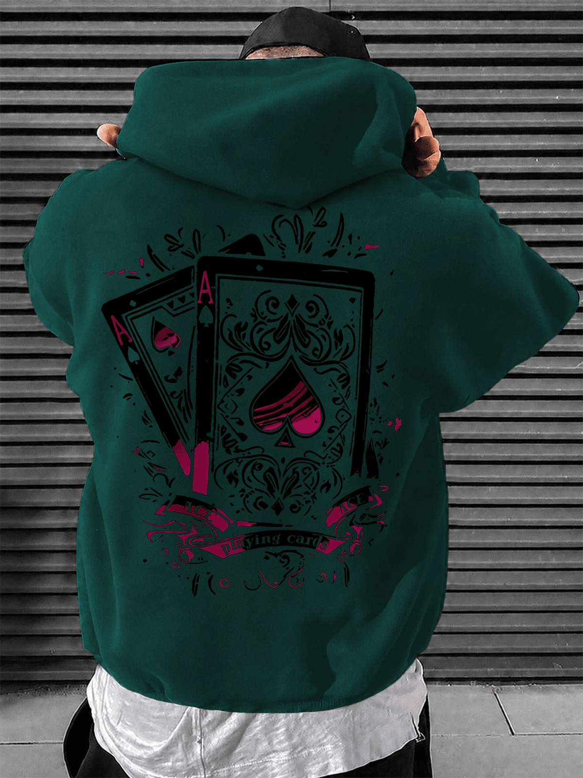 Men's Hooded Sweatshirt with Playing Card Print, Street Style Loose Fit Long Sleeve Pullover, Casual Sportswear Top - Dark Green