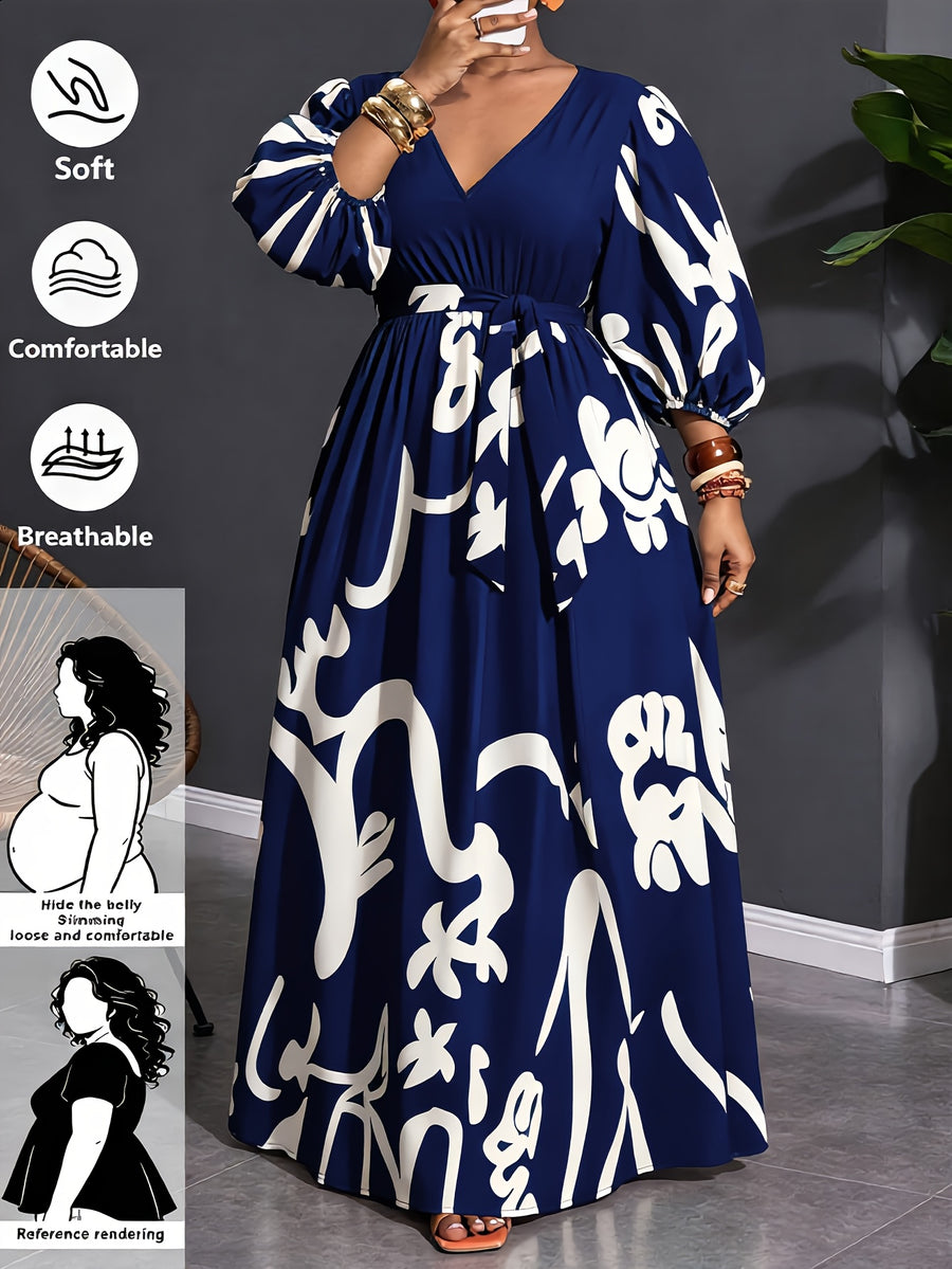 Plus Size Abstract Print V-Neck Lantern Sleeve Midi Dress, Women'S Tie-Waist A-Line Flowy Casual Party Long Dress - Navy Color