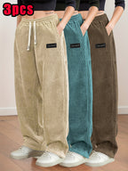 3pcs Women's Straight-Leg Corduroy Casual Pants, Thin Spring/Autumn Fashion Drawstring Waist Trousers for Daily Wear and Dating - Khaki + Blue + Brown