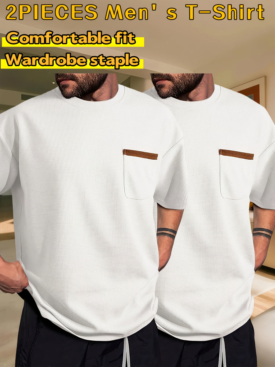 Men's Waffle-Knit Short Sleeve T-Shirt - Breathable Base Layer & Casual Round Neck Pocket Tee, Solid Color Suitable for Gym, Casual Attire, Machine Washable, Spring/Summer Layering Shirt, High-Fit Rate for Lifestyles - White+White