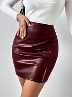 Elegant Direction TU016# High-Waist Fashion Slit Faux Leather Short Skirt Autumn Winter - Burgundy