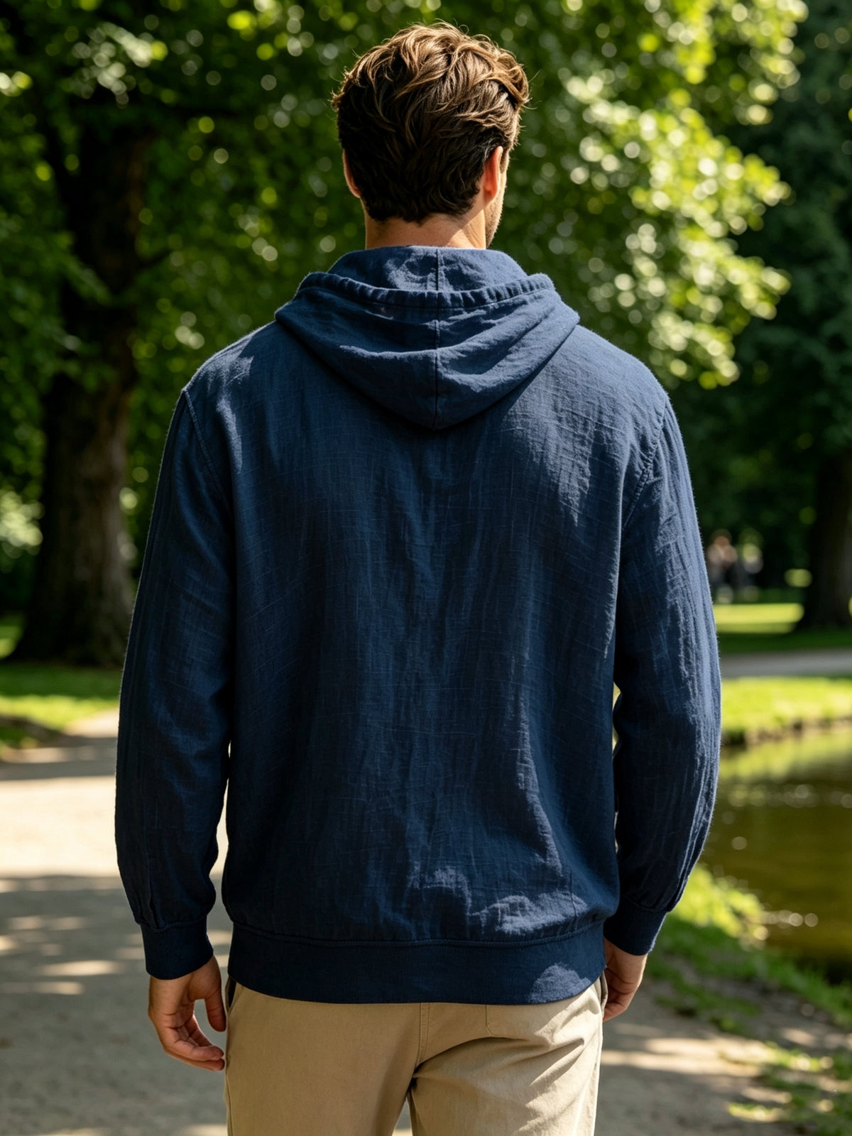 Spring And Autumn Men'S Casual Hooded Shirt, Long Sleeve Shirt, Solid Color Minimalist, Trendy And Versatile, Lightweight And Breathable, Suitable for Beach Vacation, Travel, And Daily Wear - Navy Color