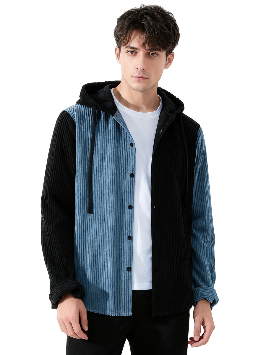 Men's Solid Color Patchwork Spring-Autumn Fashion Long-Sleeved Hooded Shirt Sweater Coat - Sky Blue