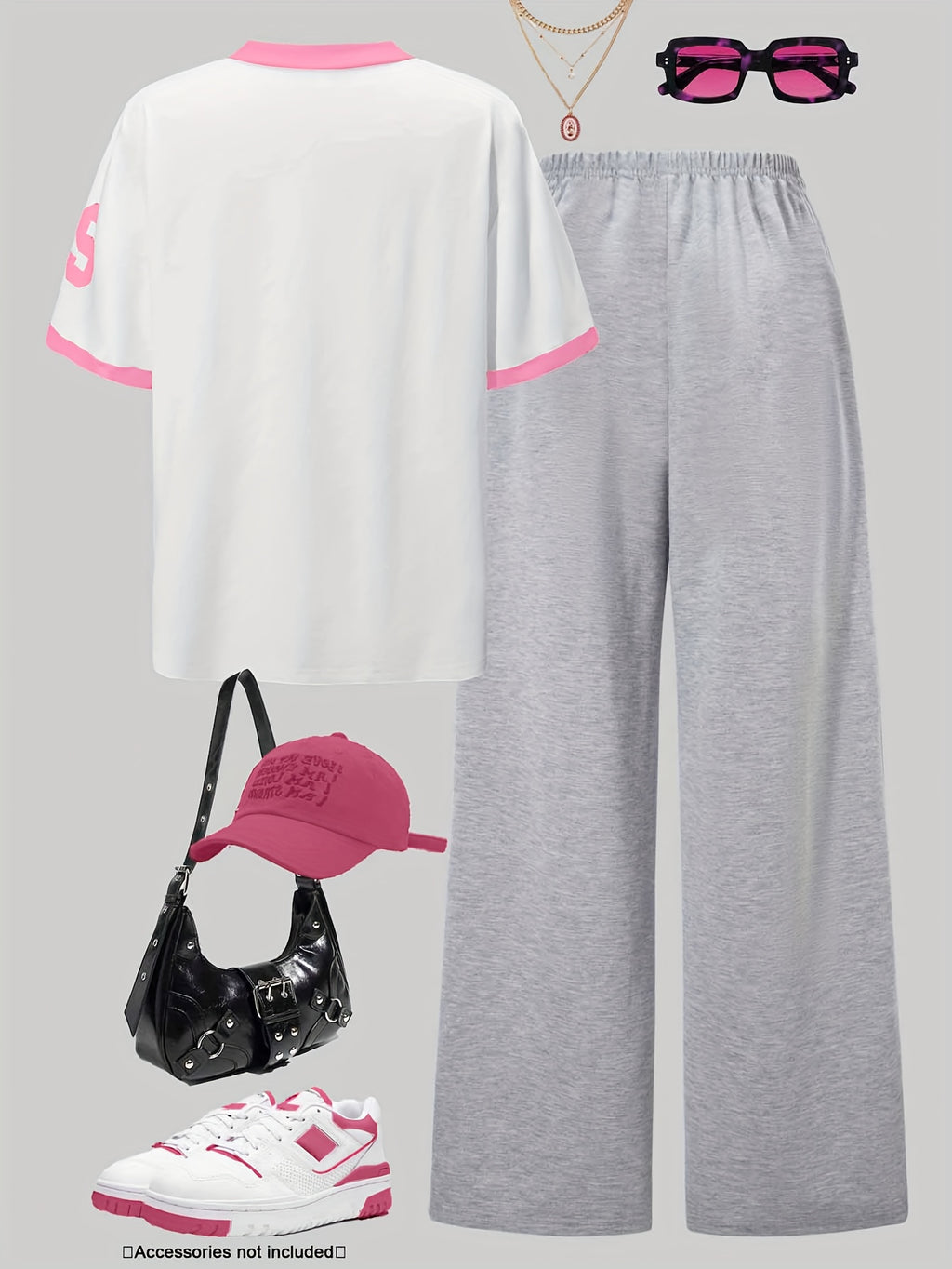 Plus Size Letter + Number 79 Print Short Sleeve Pants Set | Casual Sporty Loose V-Neck Short Sleeve Wide-Leg Pants Set | Summer Autumn Outing Fashion Spliced Collar Contrast Color Short Sleeve Pants Set - Pink/white/gray