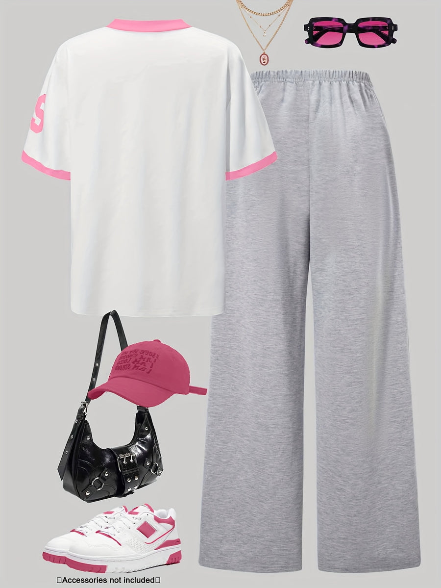 Plus Size Letter + Number 79 Print Short Sleeve Pants Set | Casual Sporty Loose V-Neck Short Sleeve Wide-Leg Pants Set | Summer Autumn Outing Fashion Spliced Collar Contrast Color Short Sleeve Pants Set - Pink/white/gray