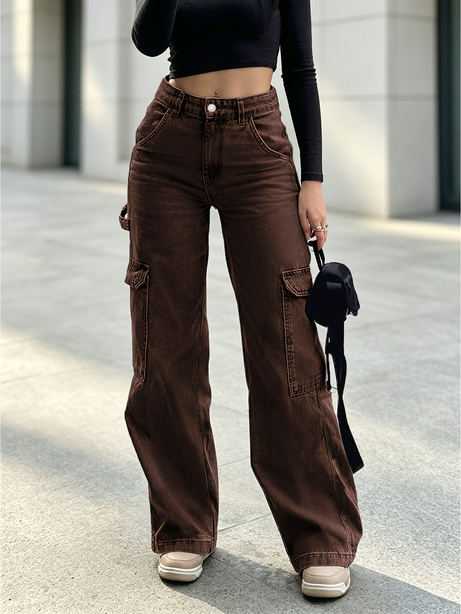 American Vintage Women'S Brown Cargo Denim Pants, High-Waist Straight Leg Trousers with Multiple Functional Pockets, Comfortable And Stylish - Dark Brown