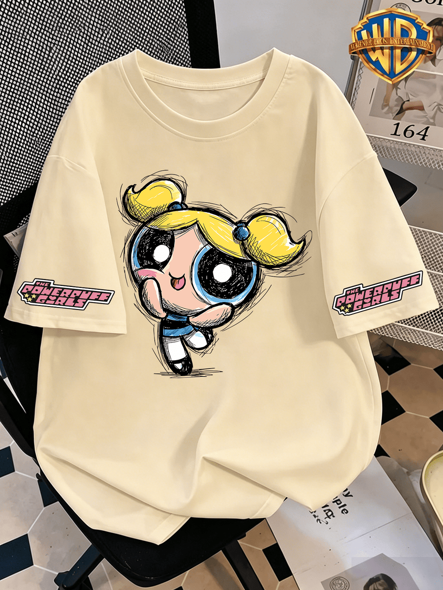 Authorized by Warner, Powerpuff Bubble Sketch Graffiti Q Graphic Printed Women'S T-Shirt, Women'S Fashion Short Sleeve T-Shirt, Daily Leisure And Travel Short Sleeve T-Shirt, Women'S Clothing, The Most Appropriate Gift Choice - Apricot