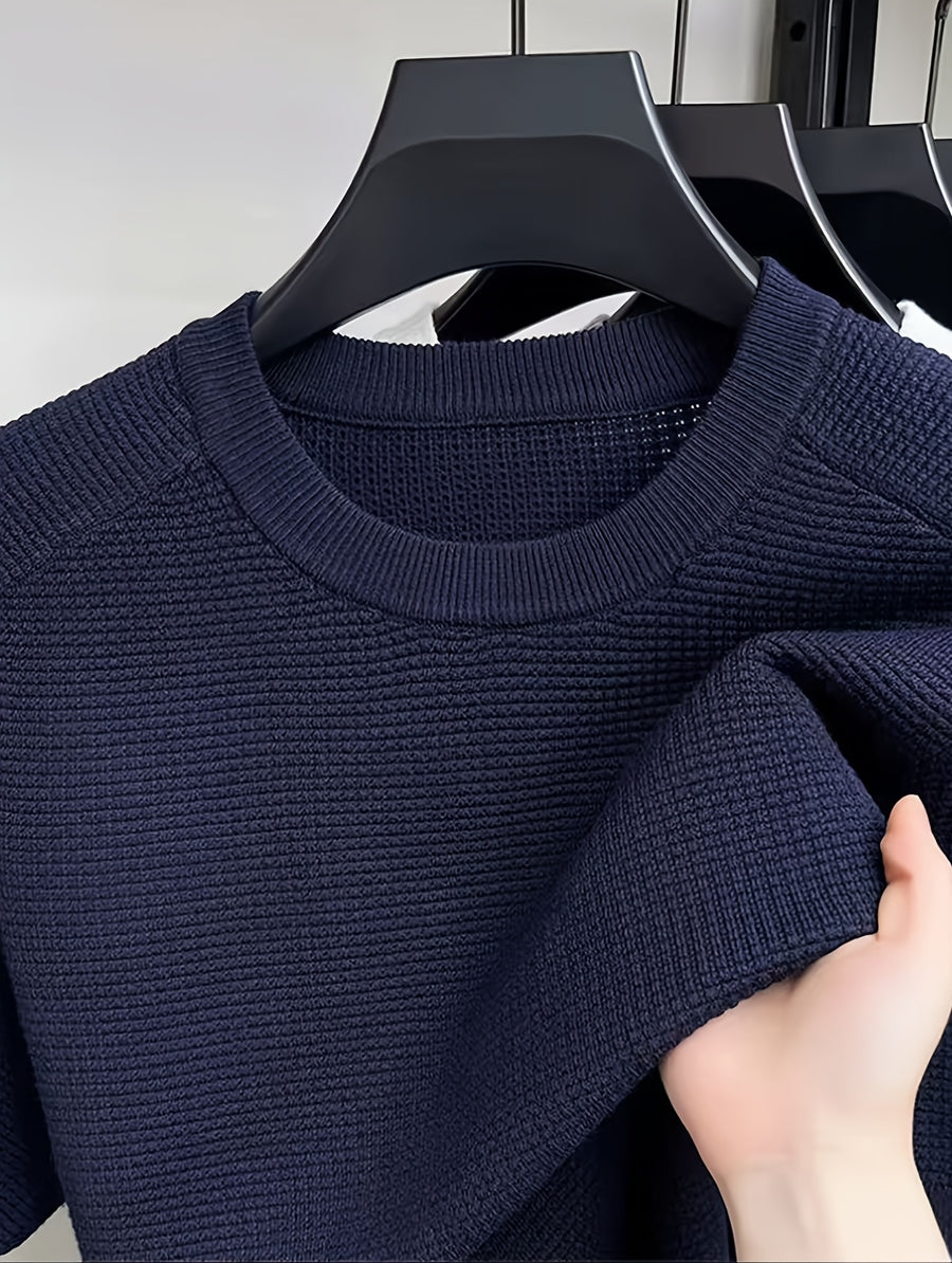 Striped Round Neck Short Sleeve Sweater T-Shirt - Loose Fit Breathable Knit Top, Suitable for All-Season Layering, Casual Blouse for Innerwear or Outerwear, Hand Washable Minimalist Wardrobe Essential - Navy