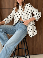 New Spring/Summer 2026 Fashionable Casual Stand Collar Polka Dot Print Irregular French-Style Vintage Blazer - White