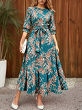 Elegant Casual Daily Office Street Round Neck Three-Quarter Sleeve Spring Summer Dress, Summer Dress - Dark Cyan