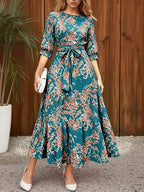 Elegant Casual Daily Office Street Round Neck Three-Quarter Sleeve Spring Summer Dress, Summer Dress - Dark Cyan