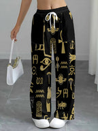 [Printed Design-Not Textured] Women'S Corduroy Drawstring Wide-Leg Pants with Ancient Egyptian Scarab And Eye of Horus, Solid Black, Vintage Mysterious Style, Draped, Vacation Straight-Leg Casual Trousers - Mixed colors