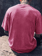 Men's Short-Sleeve T-Shirt, Pure Cotton Loose Fit Washed Distressed Top, Small Phoenix Compass Print, Trendy Print, 12 Colors for Mix and Match, American Street Style High Street Hip-Hop Couple's Outfit for Daily Streetwear, Commuting - Rose Red