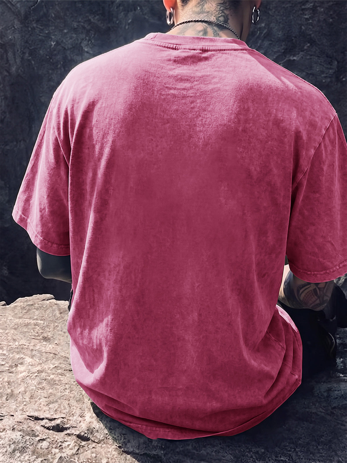 Men's Short-Sleeve T-Shirt, Pure Cotton Loose Fit Washed Distressed Top, Small Phoenix Compass Print, Trendy Print, 12 Colors for Mix and Match, American Street Style High Street Hip-Hop Couple's Outfit for Daily Streetwear, Commuting - Rose Red