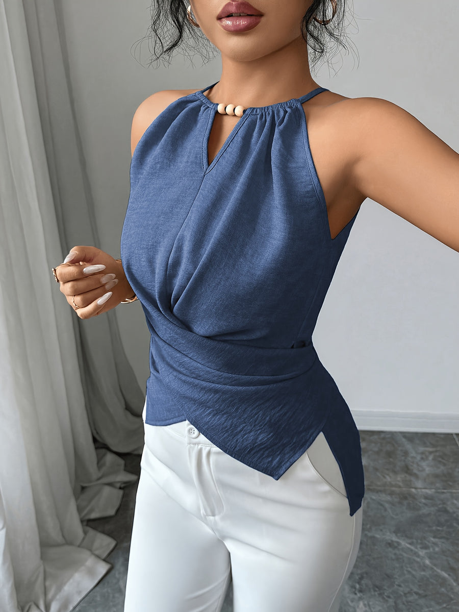 Women'S Fashion Solid Color Waist Tying Sleeveless T-Shirt - Navy Color