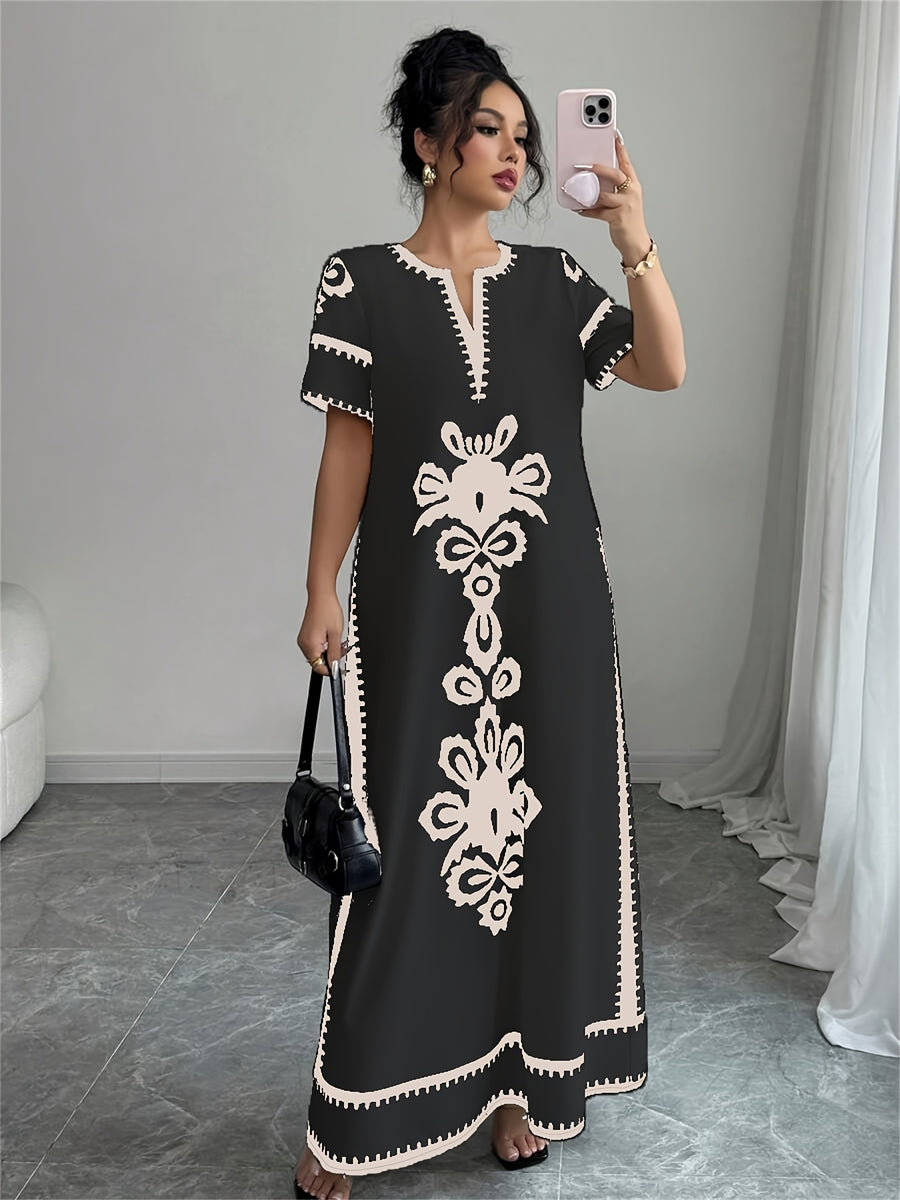 Middle Eastern Ramadan Themed Elegant Spring And Summer Party Dress with a V-Neck Short Sleeves And Paisley Print - Black + Apricot