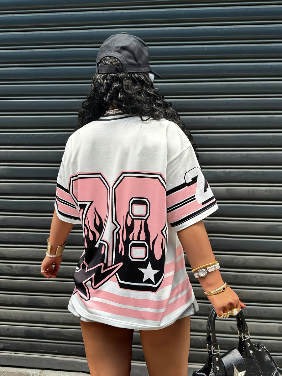 Women'S Top Casual Color-Block Striped Letter And Number Print Short Sleeve Women'S T-Shirt - White