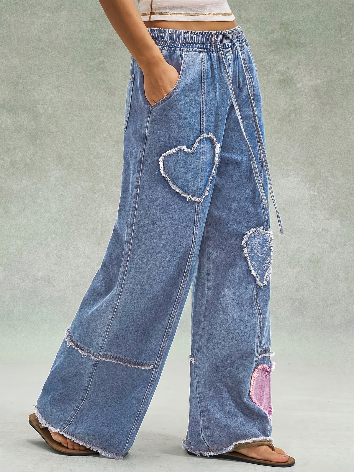 Retro Frayed Heart Patchwork Wide-Leg Denim Jeans with Drawstring Elastic Waist Design Loose Drapey Floor-Length Casual All-Match Casual Trousers - Blue