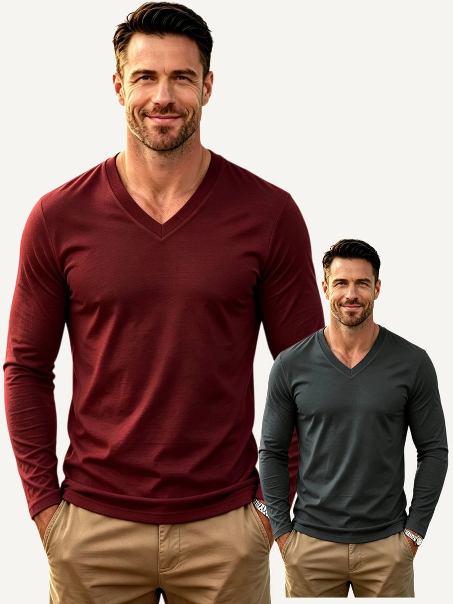 100%, 2pcs Men'S V-Neck Long Sleeve T-Shirts, Men'S Knit Sweatshirts, Casual Athletic Ribbed Neck Tops - Wine Red+Dark Grey