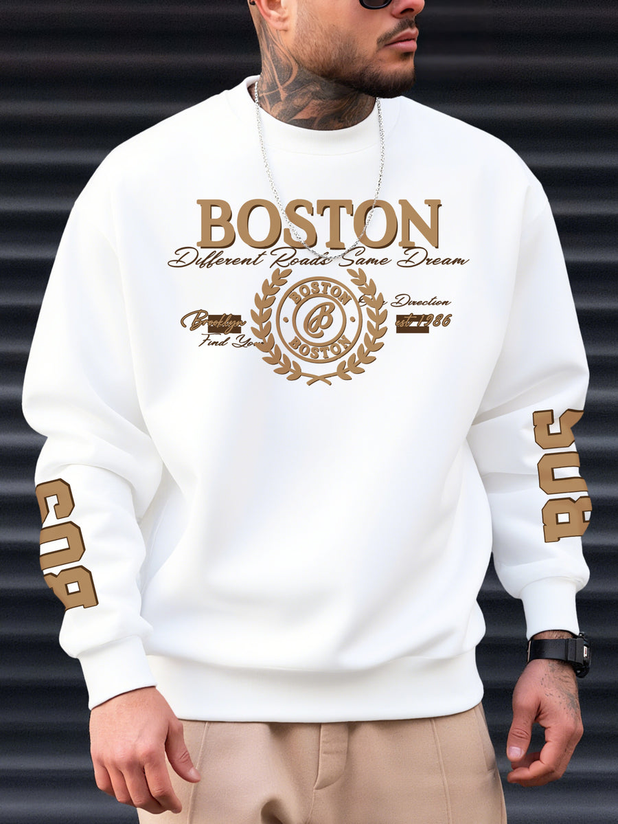 New Men's Crewneck Sweatshirt, Street Style with City Name Letter Print for a Trendy Look - White