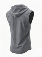 Pearson OBM Summer Men's Hooded Sleeveless T-Shirt, Linen-Textured Henley Neck Vest with Letter Print, Casual Sportswear Top, Versatile Top for Commuting, Dating, and Outings - Grey