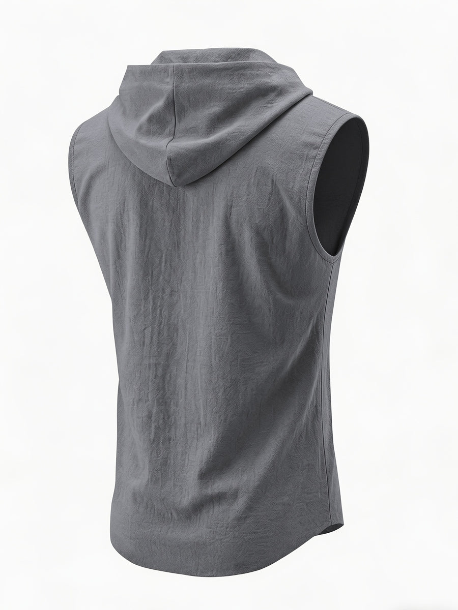 Pearson OBM Summer Men's Hooded Sleeveless T-Shirt, Linen-Textured Henley Neck Vest with Letter Print, Casual Sportswear Top, Versatile Top for Commuting, Dating, and Outings - Grey