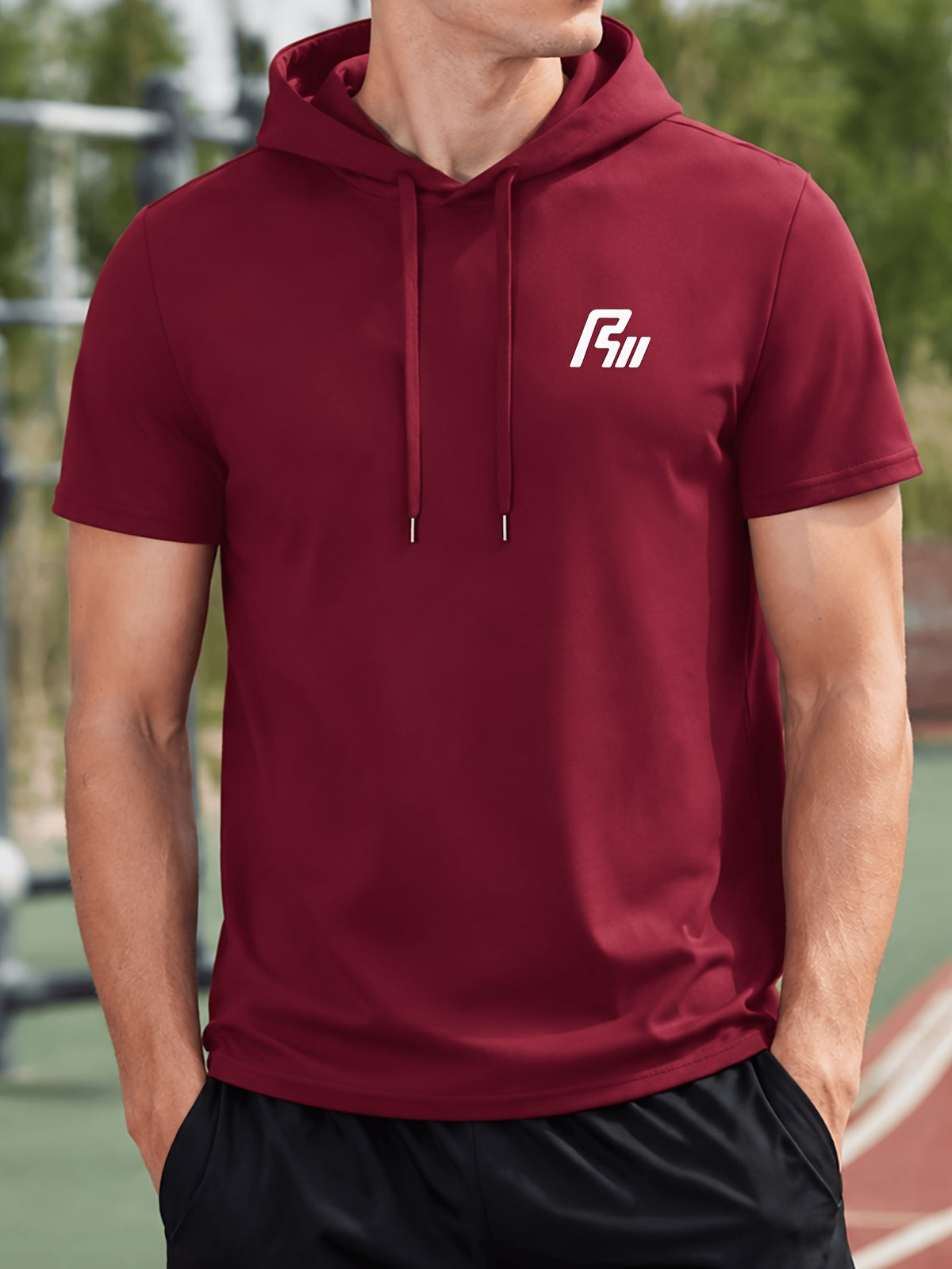 Men'S Summer T-Shirt, Easy Small Logo Print Men'S Hooded Short Sleeve, Soft Comfortable Breathable Versatile Fabric Sports T-Shirt, Loose Slimming Men'S Hoodie Easy Print Top - Burgundy