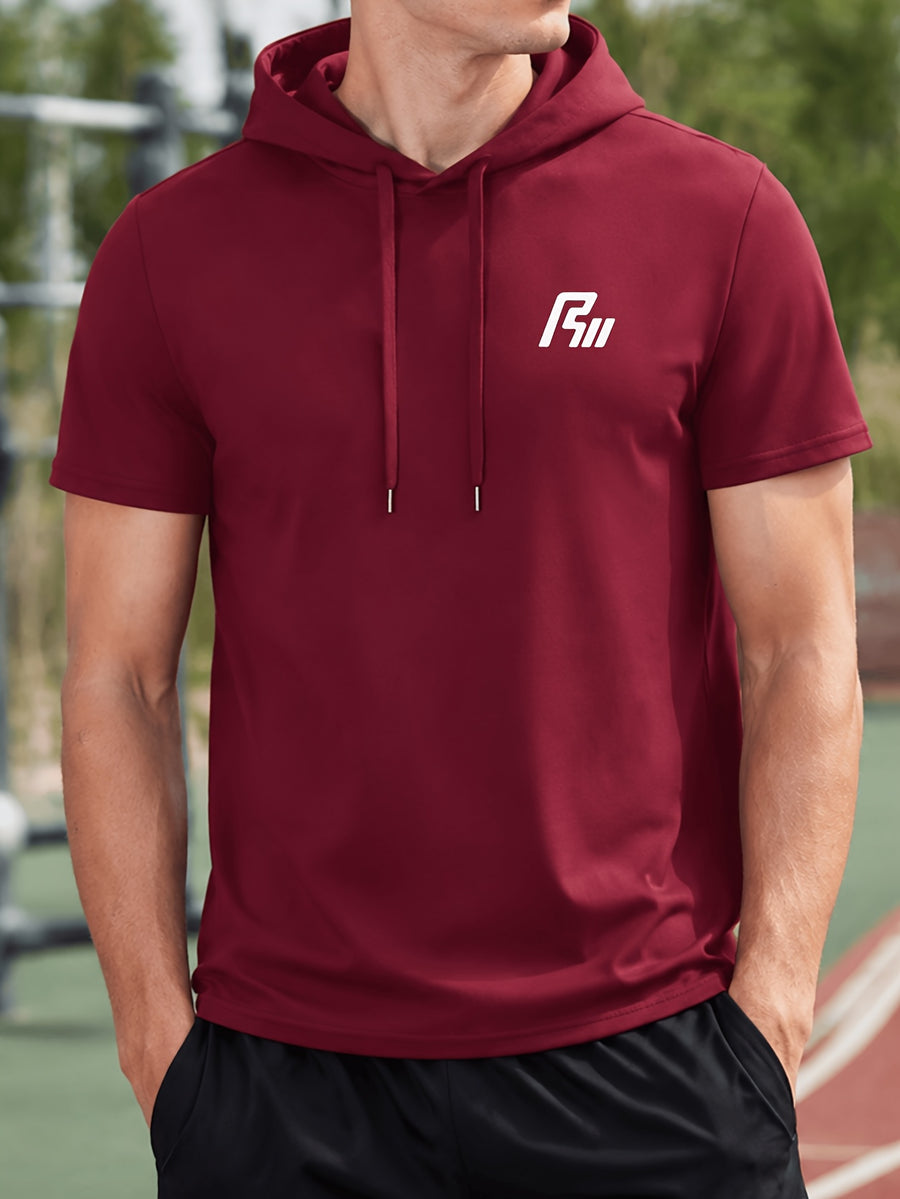 Men'S Summer T-Shirt, Easy Small Logo Print Men'S Hooded Short Sleeve, Soft Comfortable Breathable Versatile Fabric Sports T-Shirt, Loose Slimming Men'S Hoodie Easy Print Top - Burgundy