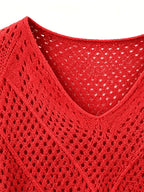 Women's Pullover V-Neck Soft Sweater, Loose Hollow-Out Top, Gentle Style Top, Fashionable, Soft Fabric, Versatile Long-Sleeve Batwing Shirt, Breathable Cover-Up - Watermelon Red