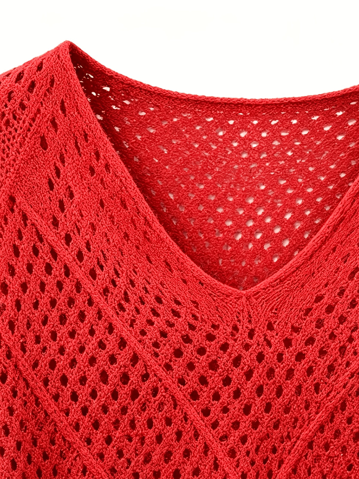 Women's Pullover V-Neck Soft Sweater, Loose Hollow-Out Top, Gentle Style Top, Fashionable, Soft Fabric, Versatile Long-Sleeve Batwing Shirt, Breathable Cover-Up - Watermelon Red