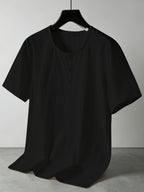 Men'S Summer -Linen Half-Zip Short Sleeve T-Shirt - Black