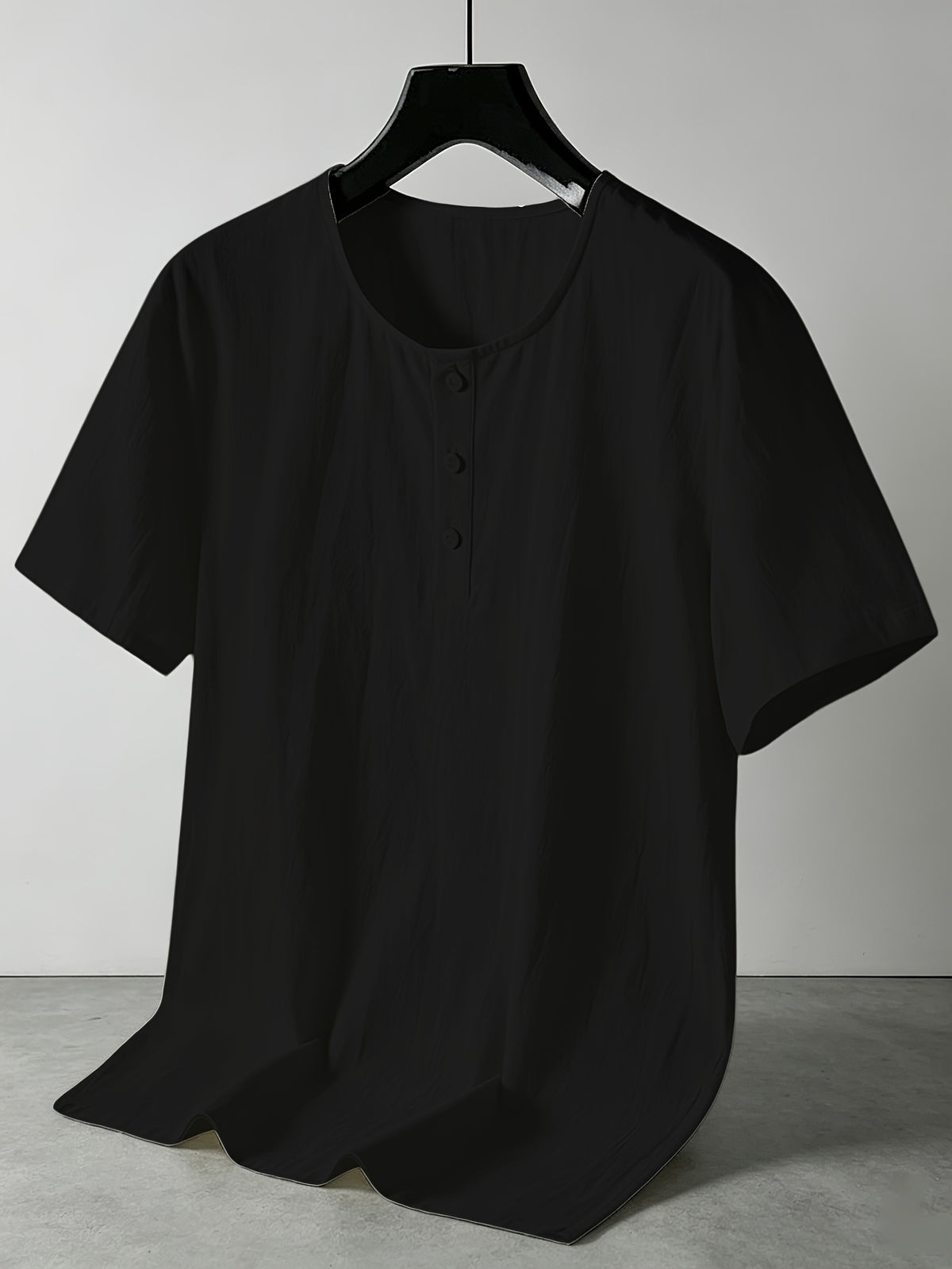 Men'S Summer -Linen Half-Zip Short Sleeve T-Shirt - Black