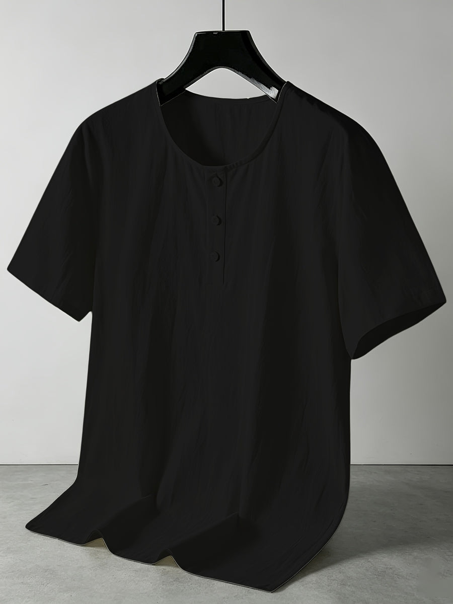 Men'S Summer -Linen Half-Zip Short Sleeve T-Shirt - Black