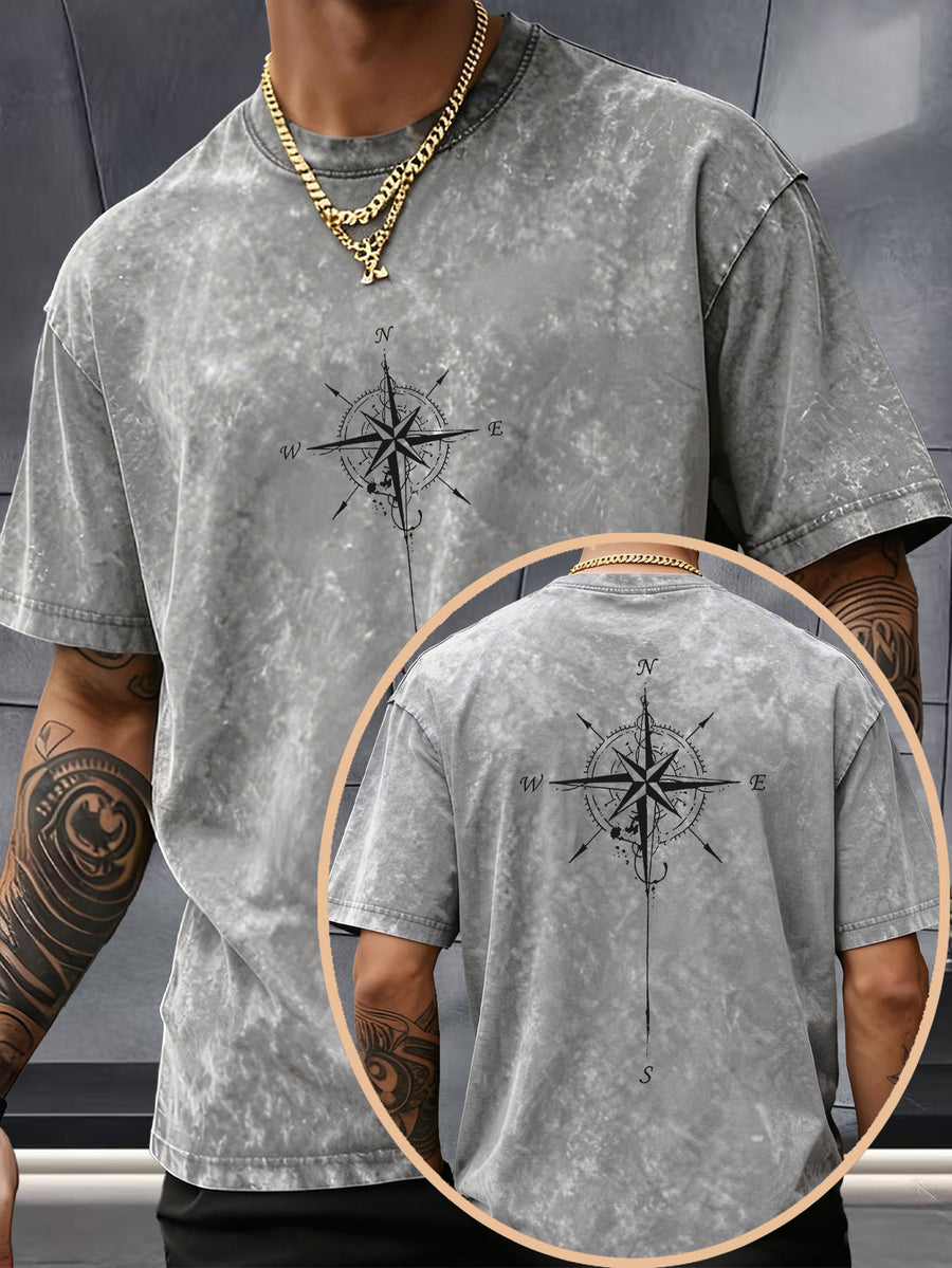 Men's Washed Distressed Pure Cotton Loose Fit Drop Shoulder T-Shirt with Vintage Compass and Anchor Line Graphic Print on Front and Back, Versatile American Streetwear High Street Hip-Hop Style, Couple's Matching Outfit for Streetwear, Daily Outings - Grey