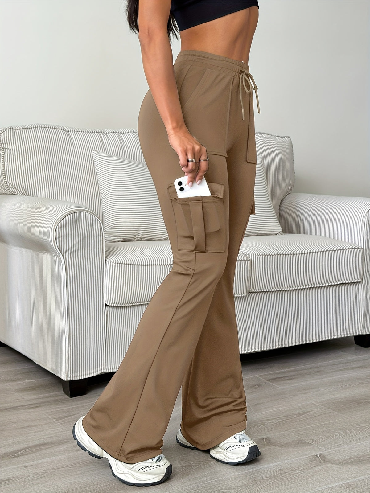 Women's Athletic Cargo Jogger Pants with Multi-Functional Cargo Pocket & Slim-Fit Ankle Design - All-Season Workout Running Gym Pants with Drawstring Waist & Lightweight Stretch Fabric (Machine Washable) for Casual Outdoor Wear - Women's Sportswear - Brown