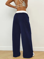 Women's Sport Studio Casual Loose-Fit Color-Block Drawstring Wide-Leg Yoga Pants - Navy Color