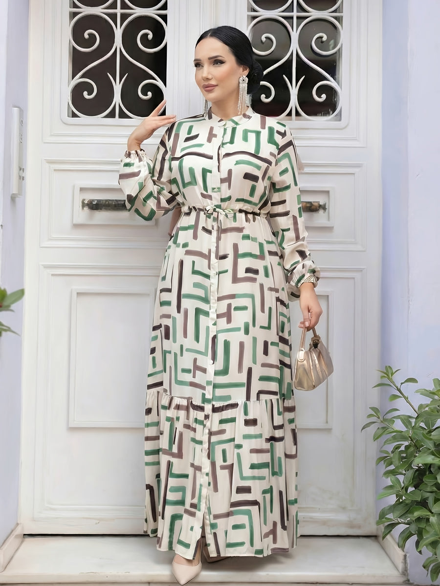 Middle Eastern Muslim Abayas, Elegant Temperament Printed Round Neck Puff Sleeve Tie-Up A-Line Robe, Headscarf Not Included - Green