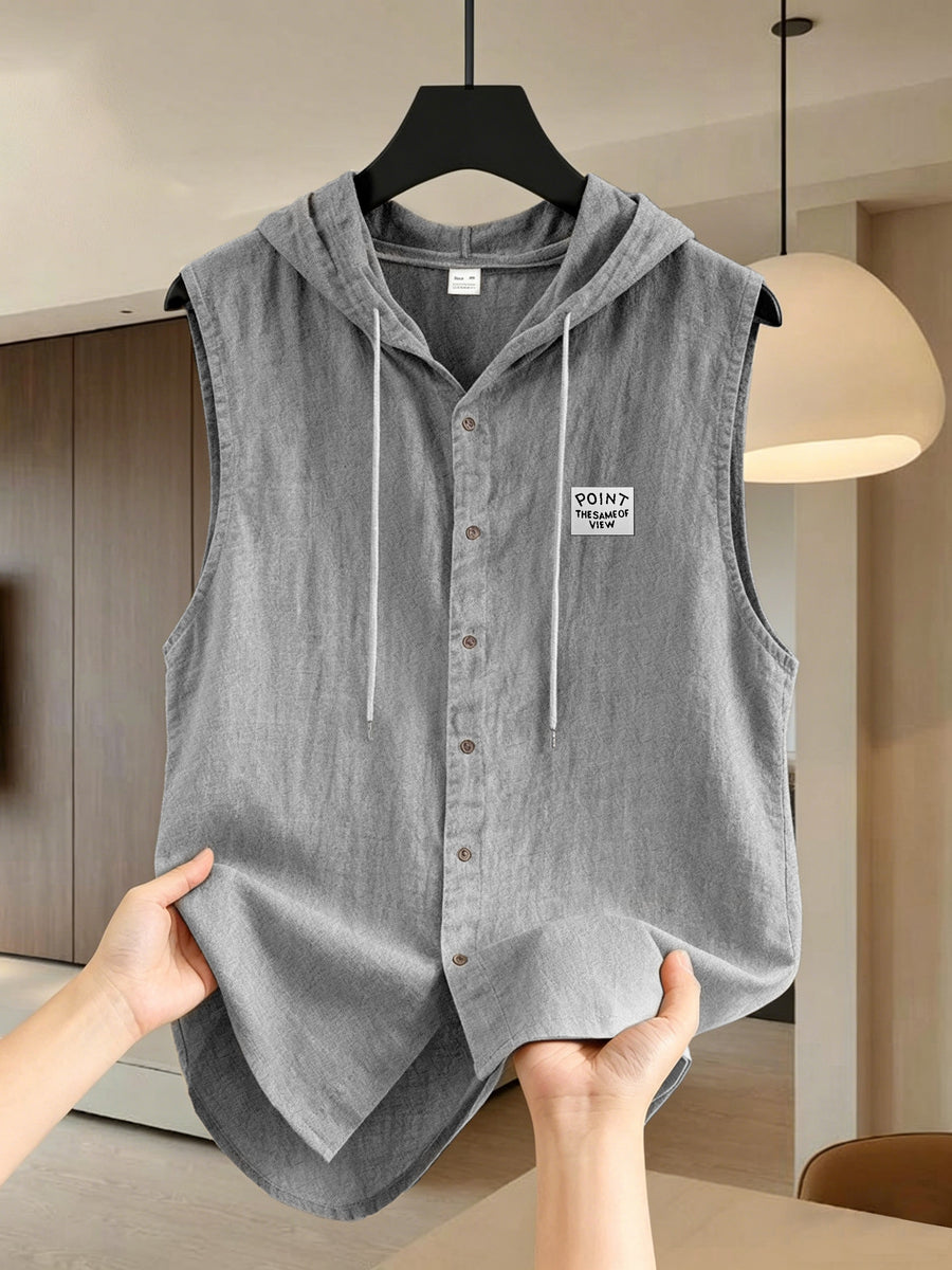 Pearson OBM Men's Sleeveless Hooded Shirt, Upgraded Textured Comfortable and Breathable Fabric Hooded Vest, Men's Linen Fashion Hoodie, Summer Top Casual and Lightweight with Button and Drawstring, Suitable for Outdoor Activities, Beach, and Coast - Grey