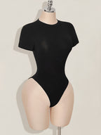 Women's Black Bodysuit with Short Sleeves and Round Neck, Featuring a Sexy Dragon Print on a Mesh Panel at the Back. Suitable for Gatherings, Parties, Music Festivals, Christmas, Dates, Daily Outings, Travel, Shopping, Airport Outfits, and Brunch - Black