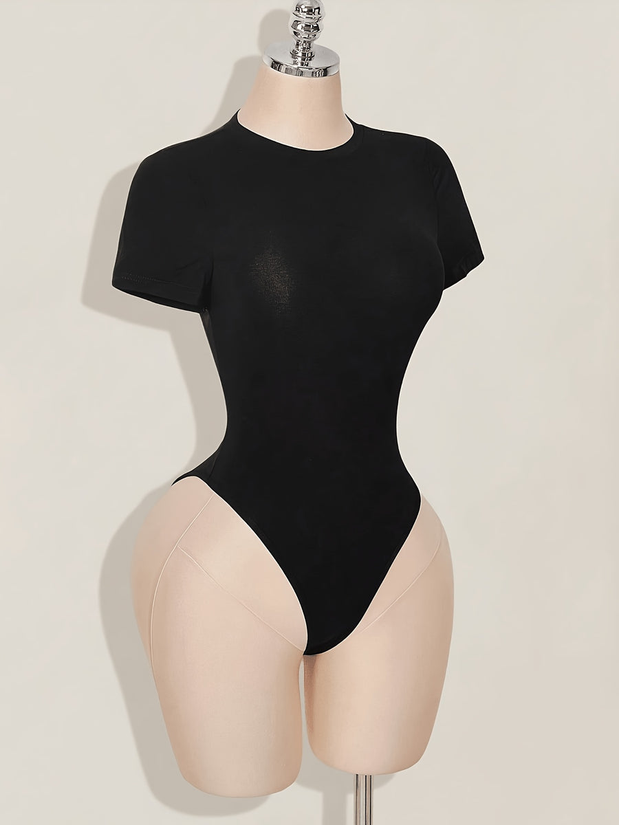 Women's Black Bodysuit with Short Sleeves and Round Neck, Featuring a Sexy Dragon Print on a Mesh Panel at the Back. Suitable for Gatherings, Parties, Music Festivals, Christmas, Dates, Daily Outings, Travel, Shopping, Airport Outfits, and Brunch - Black
