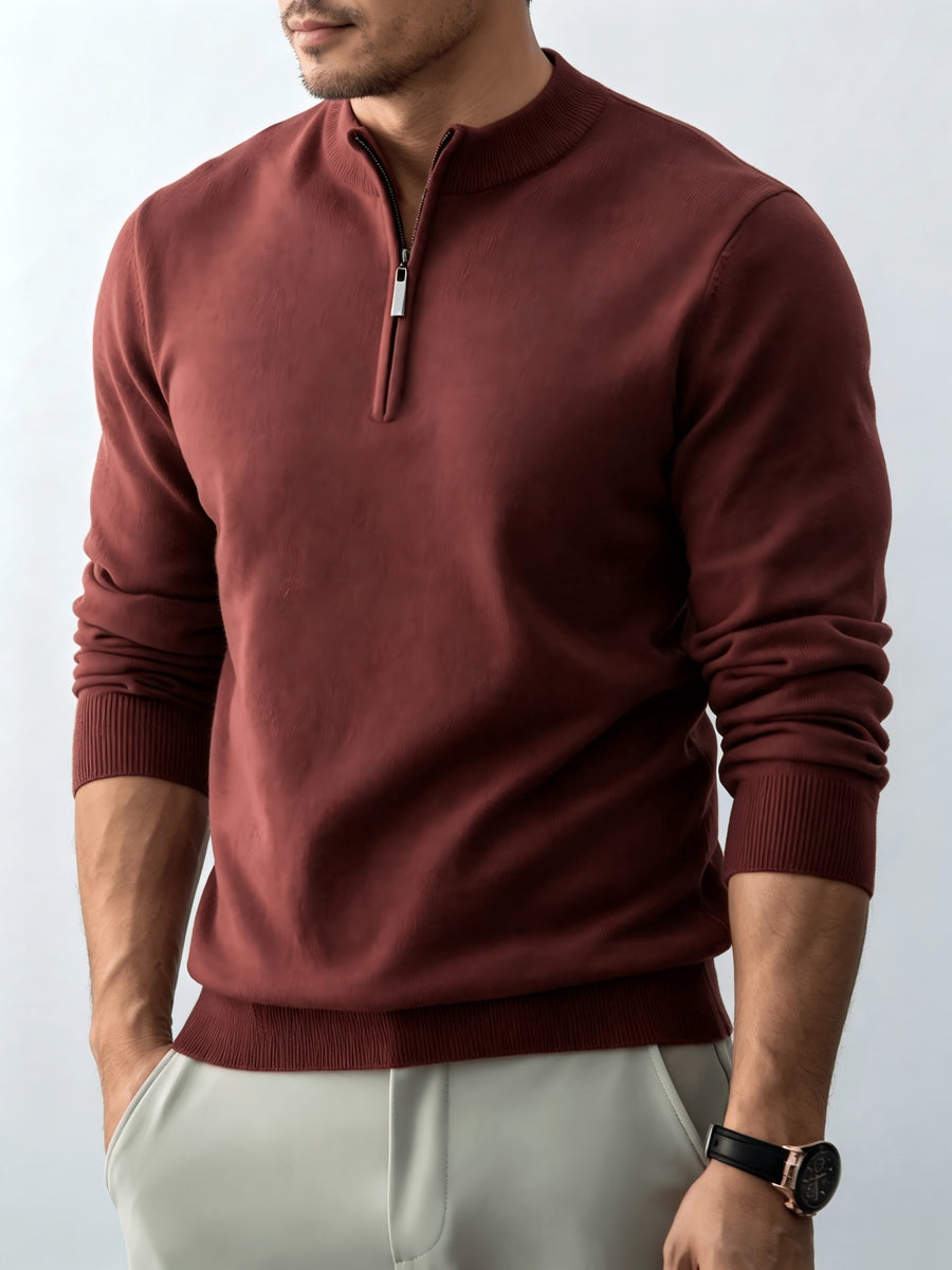 Fall Winter Men'S Half-Zipper Stand-Collar Knit Pullover, Classic Long Sleeve Fit for Casual Social Wear, Daily Commute, Light Business Meeting, Casual Gathering - Tender Red