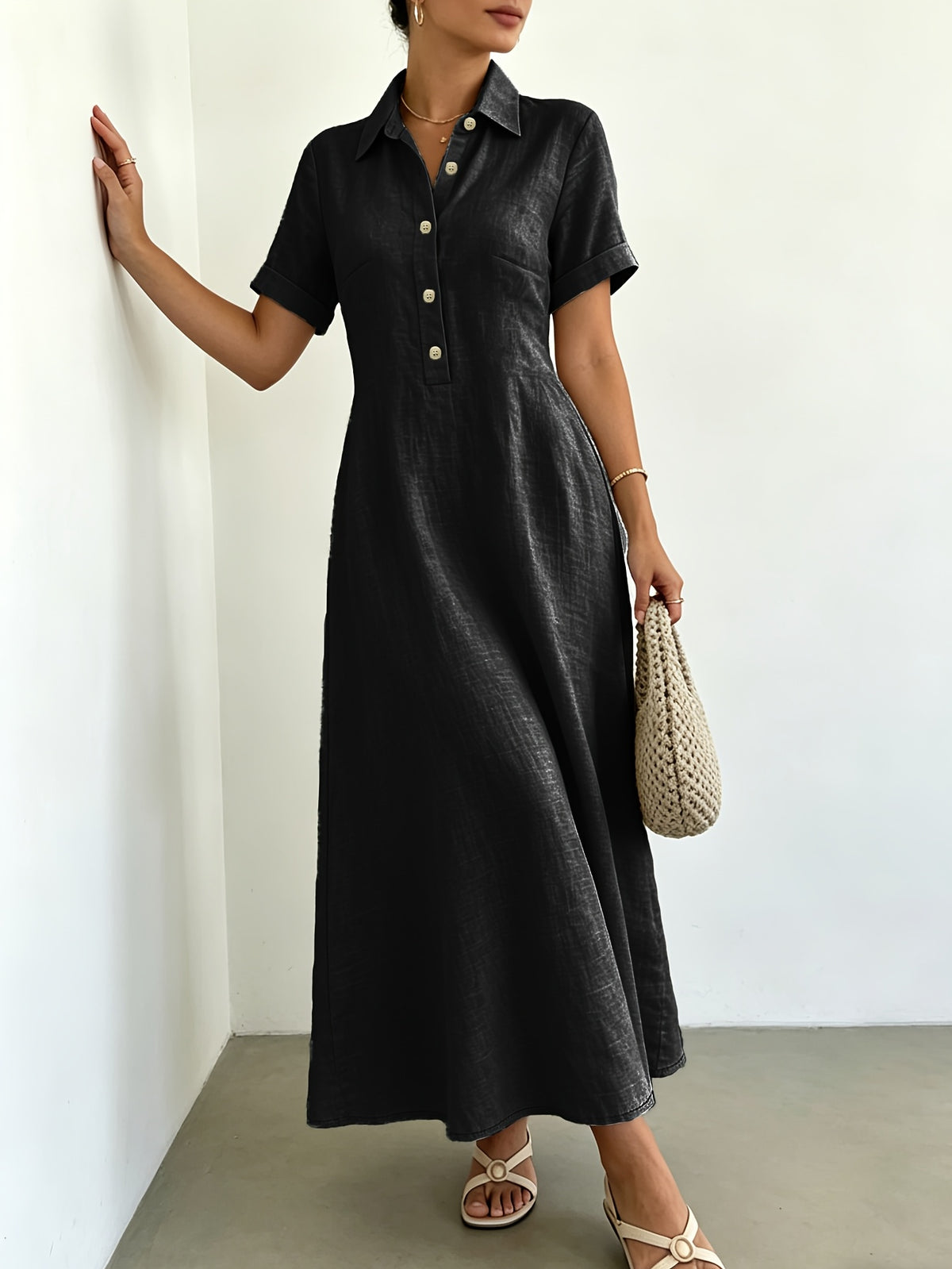 Women's Blended Fabric Shirt Dress with Lapel Collar, Half-Button Short Sleeves, A-Line Midi Length, Summer Casual Light Business Commuter Dress - Black